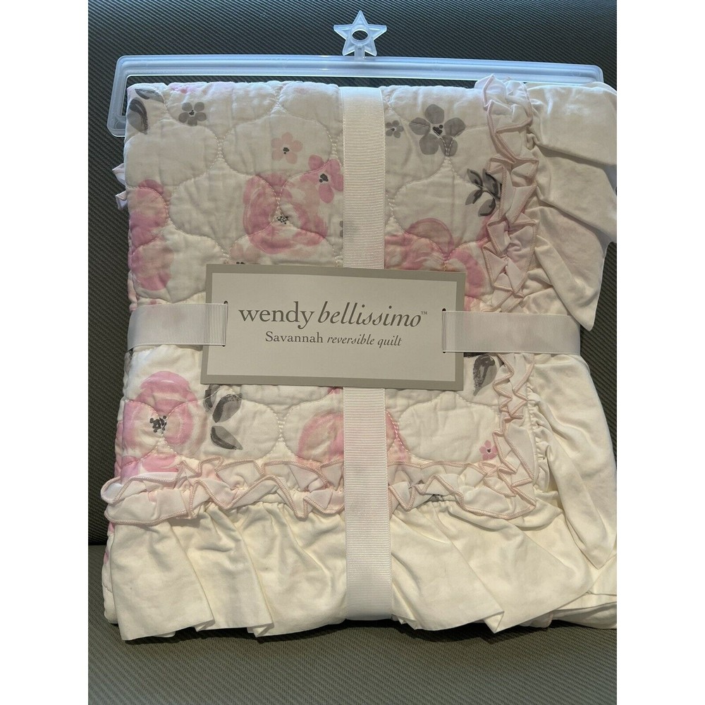New Wendy Bellissimo Savannah Reversible Crib Quilt Blanket Ruffles Cotton Roses